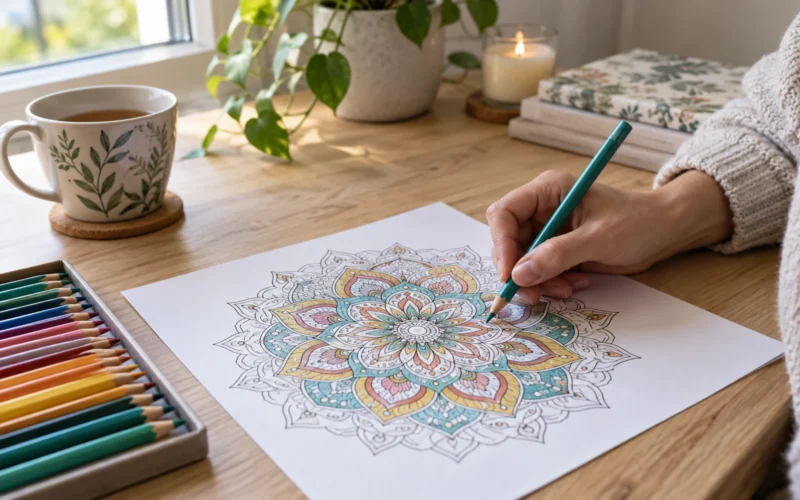 Mandala coloré dessiné sur une table calme et lumineuse