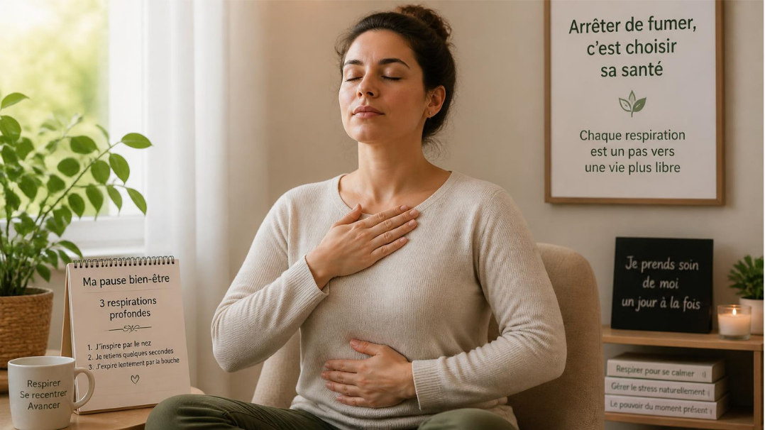 Personne pratiquant des exercices de respiration pour gérer le stress pendant l'arrêt du tabac