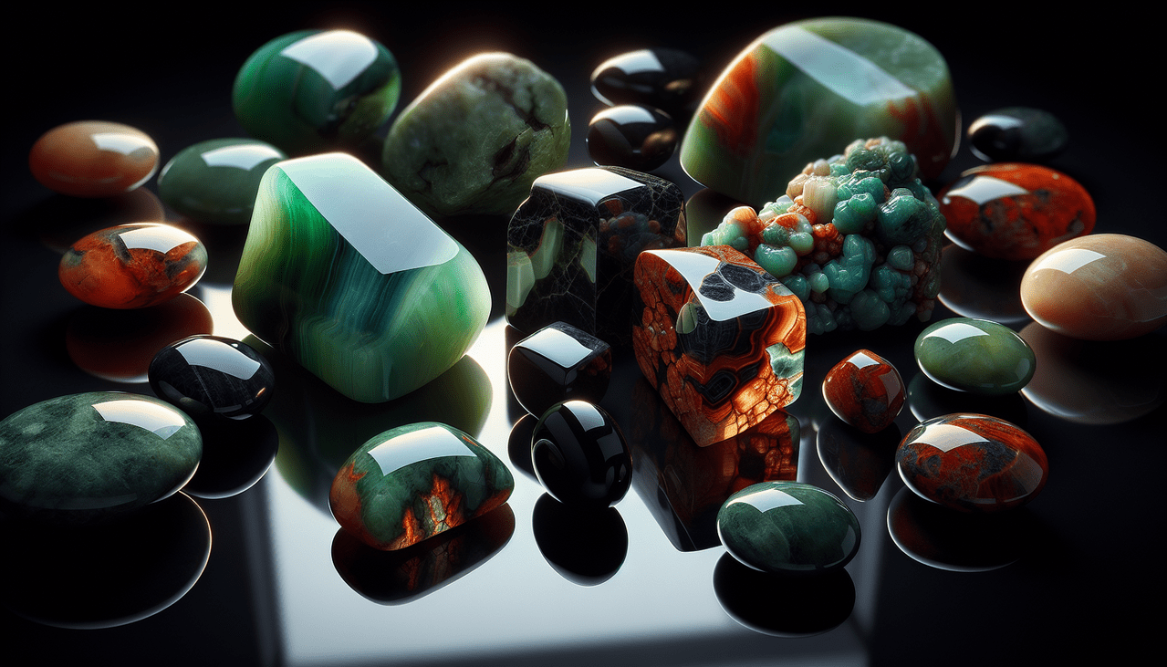 Pierres en J sur fond noir réfléchissant, éclairage naturel mettant en valeur jade, jaspe, jais.