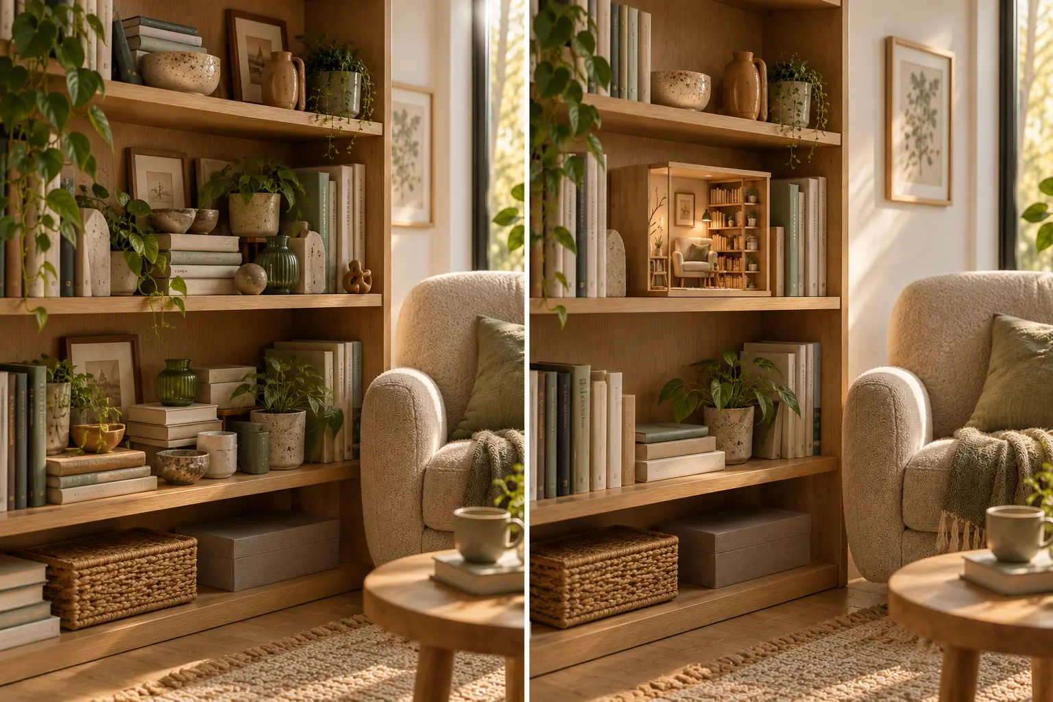 Comparaison entre un coin lecture encombré et une décoration miniature regroupée dans une niche