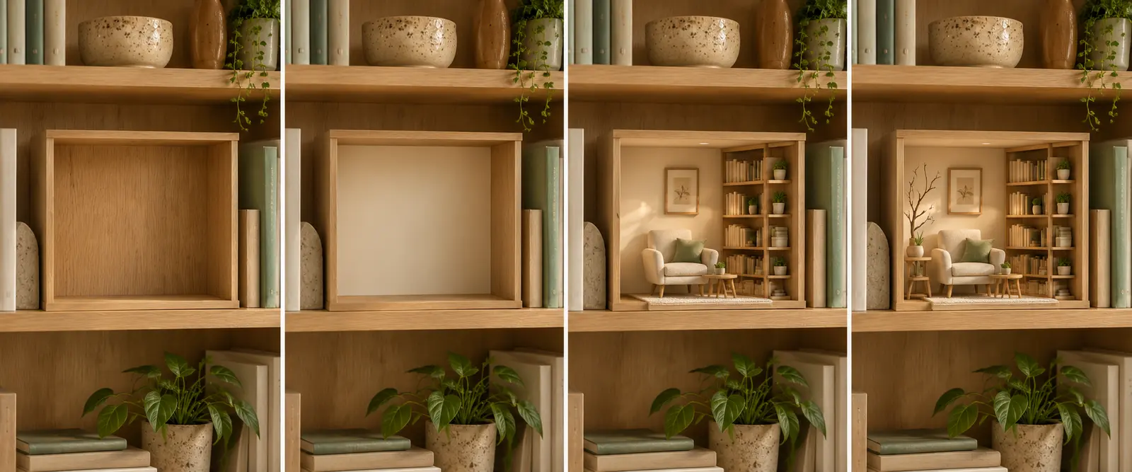 Quatre étapes pour composer une décoration miniature aérée dans une niche