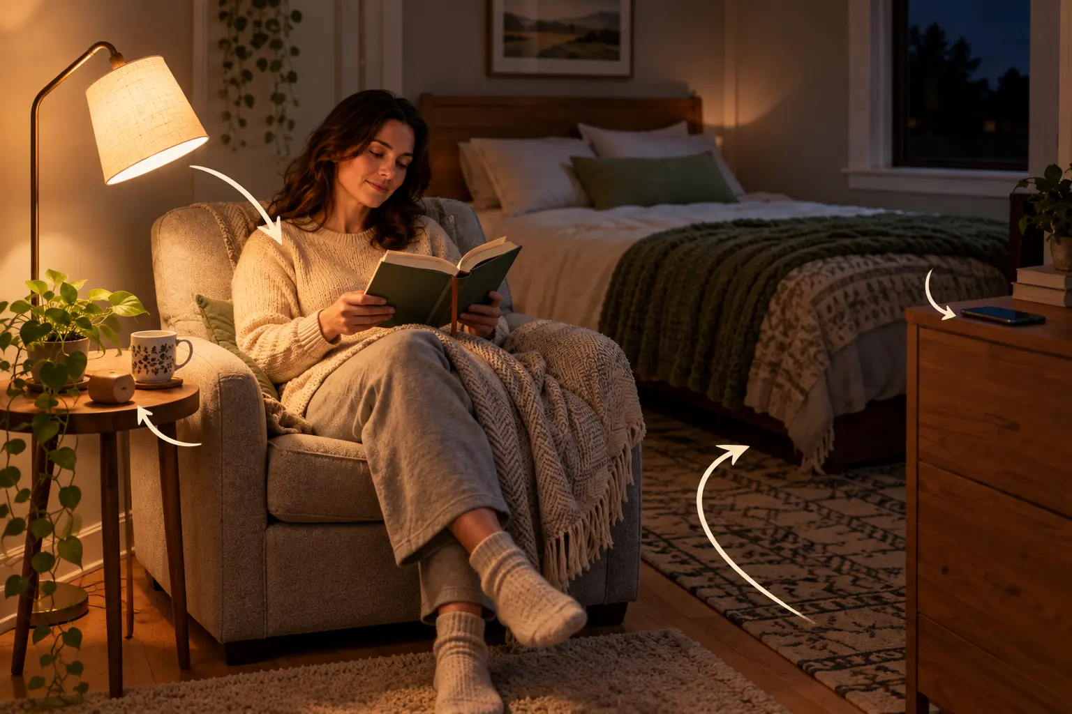 Schéma d'un coin de lecture du soir avec lampe orientée vers le livre et téléphone éloigné