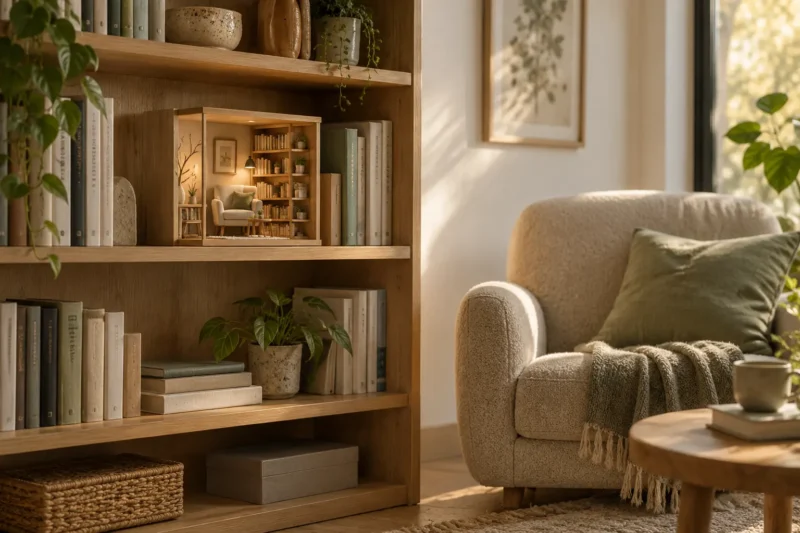 Coin lecture zen avec une décoration miniature intégrée dans une bibliothèque peu encombrée