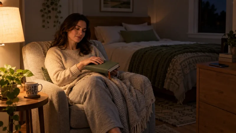 Personne refermant un livre dans un coin lecture calme avant d'aller dormir