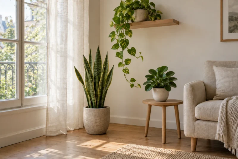 Sansevieria au sol, peperomia sur une table et pothos retombant près d’un fauteuil clair.