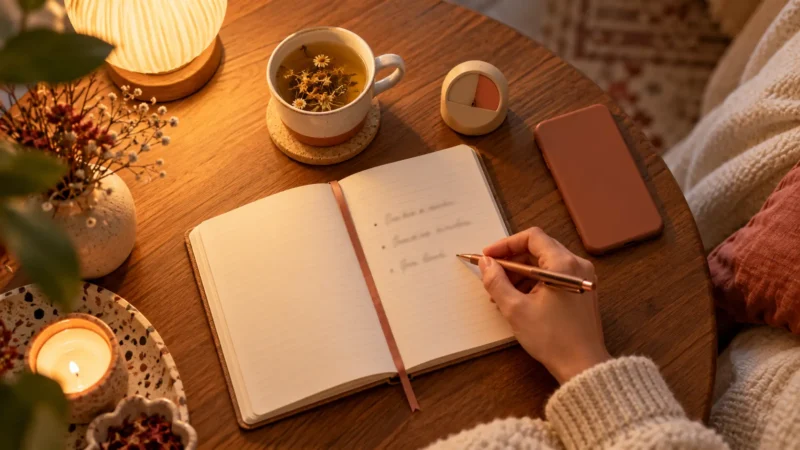Carnet, stylo et lumière douce pour un rituel de gratitude du soir